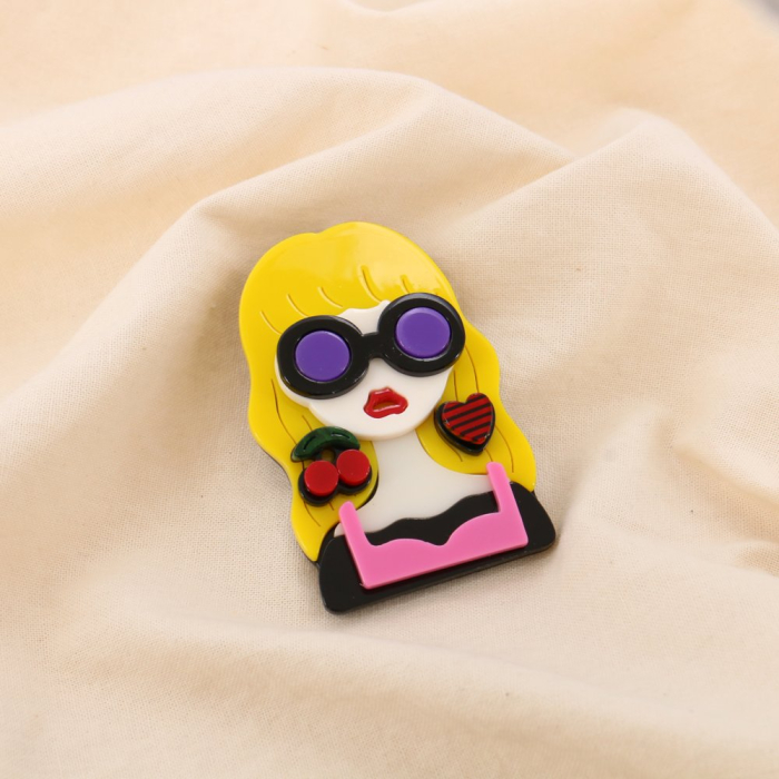 Broche Femme Blonde Lunettes Rondes Résine Métal 0525024 jaune