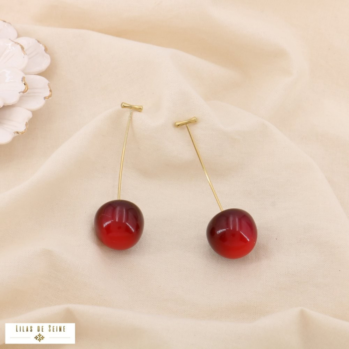 Boucles d'oreilles cerises traversantes acier résine 0325140 rouge bordeaux