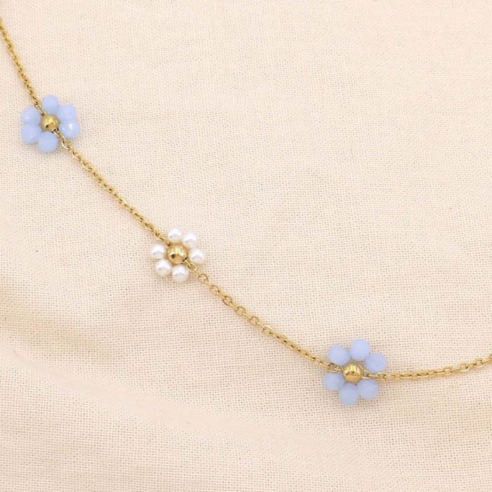 Collier acier inox fleur cristal perle acrylique 0125150 bleu