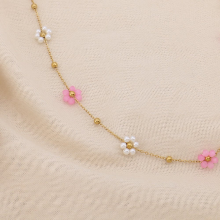 Collier acier inox fleur cristal perle acrylique 0125150 rose