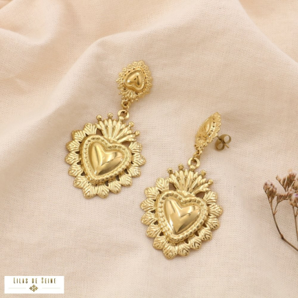 Boucles d’Oreilles Coeur Sacré Ex-Voto Acier Inox. 0325082 doré
