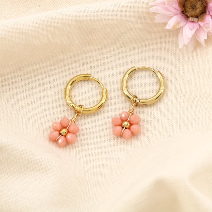Mini-créoles acier inoxydable fleurs bille facettée cristal 0324152 rose clair