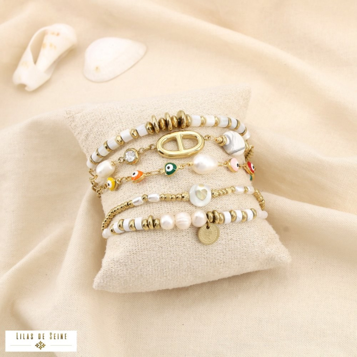 Ensemble de 6 bracelets acier inox. nacre pierre 0225188
