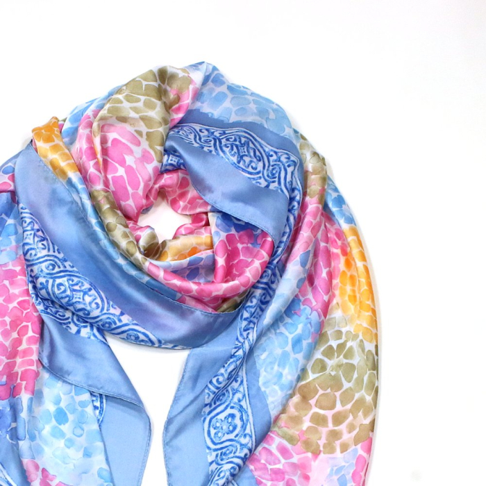 Étole Soie Viscose Imprimé Florale Multicolore 0725002 bleu ciel