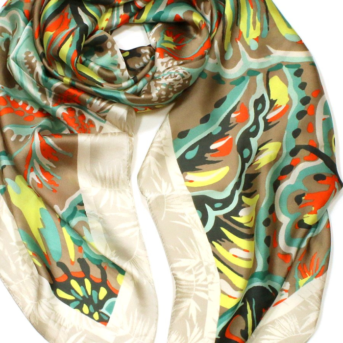 Étole Soie Viscose Feuille Exotique Multicolore 0725022 vert kaki