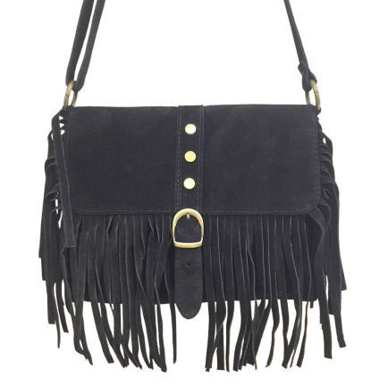 Sac à bandoulière en cuir véritable avec franges 0925025 noir