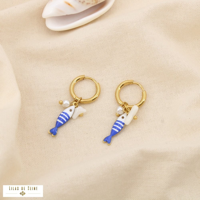 Boucles d'oreilles poisson acier émail nacre perle 0325085 bleu foncé