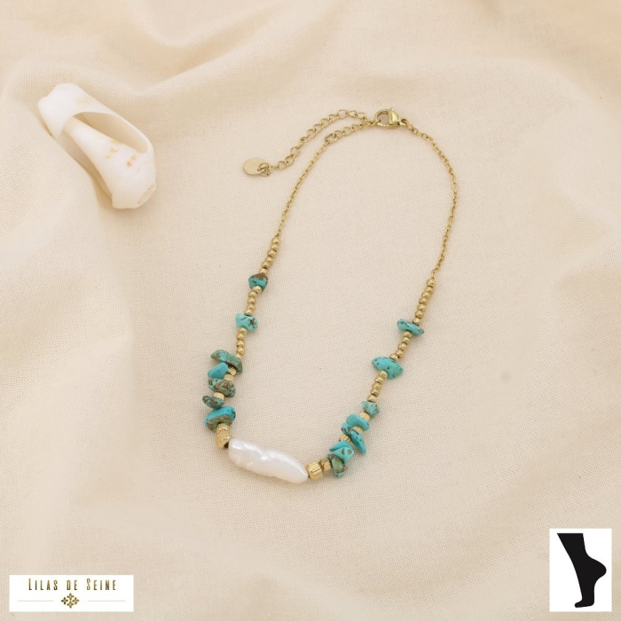 Chaine de cheville acier pierre perle de culture 0225199 bleu turquoise