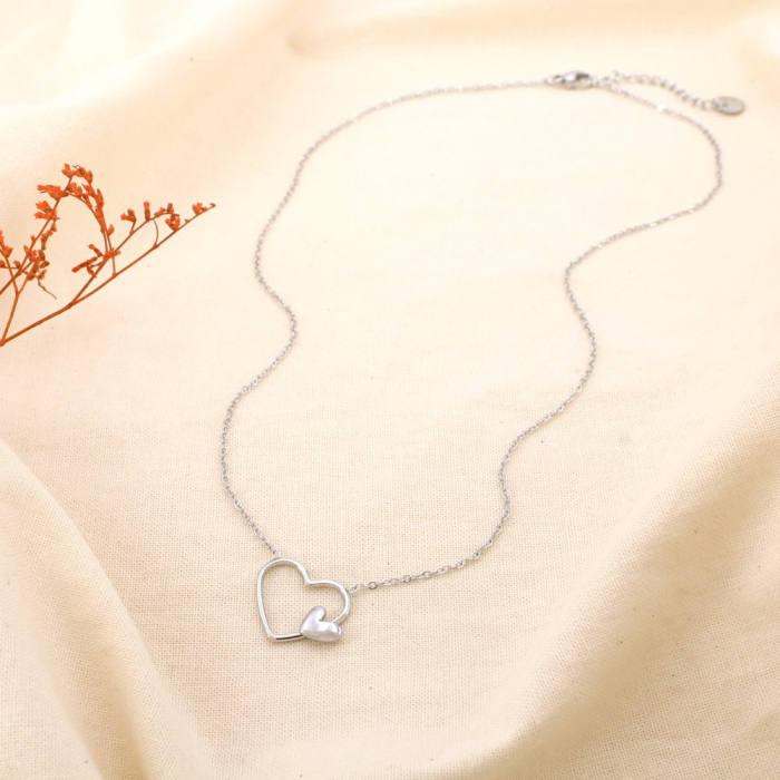 Collier cœur ouvert et cœur brillant acier inox. 0125135 argenté