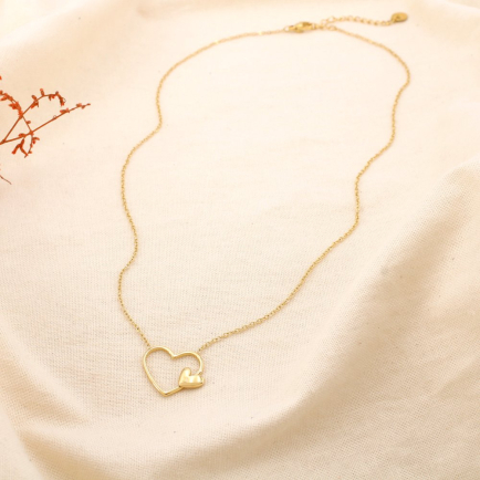 Collier cœur ouvert et cœur brillant acier inox. 0125135 doré