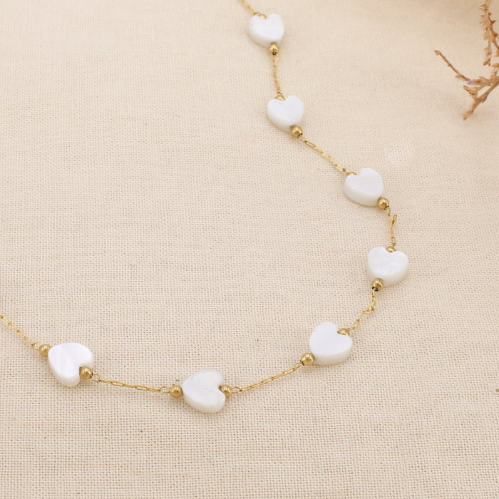 Collier cœurs nacre naturelle chaîne acier inox. 0125159 blanc