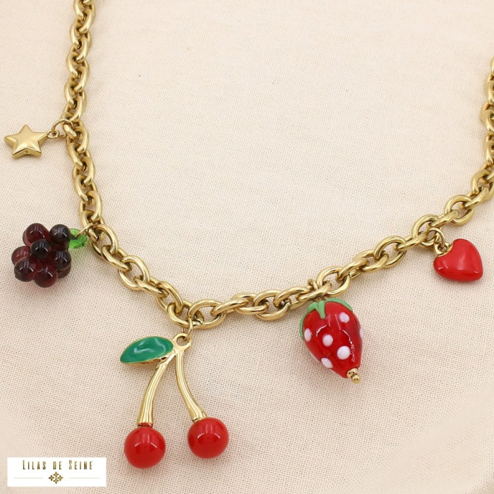 Collier acier émail cerise fraise raisin cœur étoile 0125129 rouge