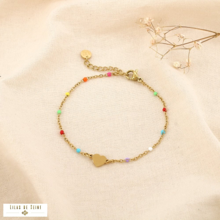 Bracelet cœur acier inoxydable doré perles émail 0225172 multi