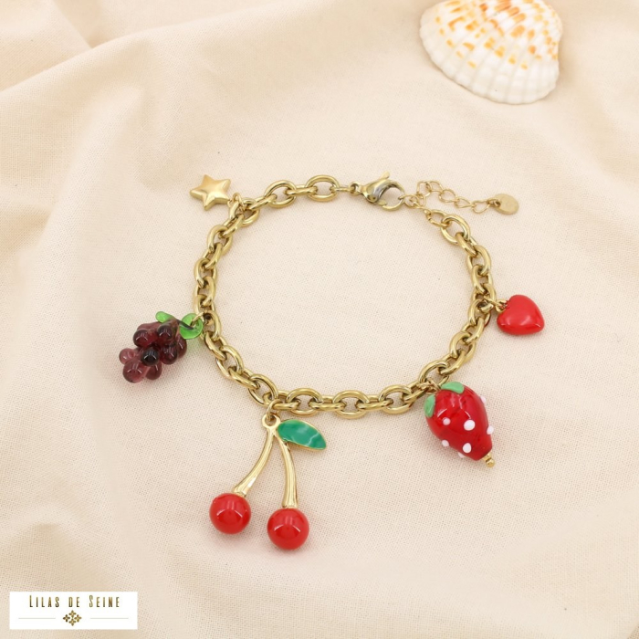 Bracelet acier émail verre fruits cœur étoile 0225156 rouge