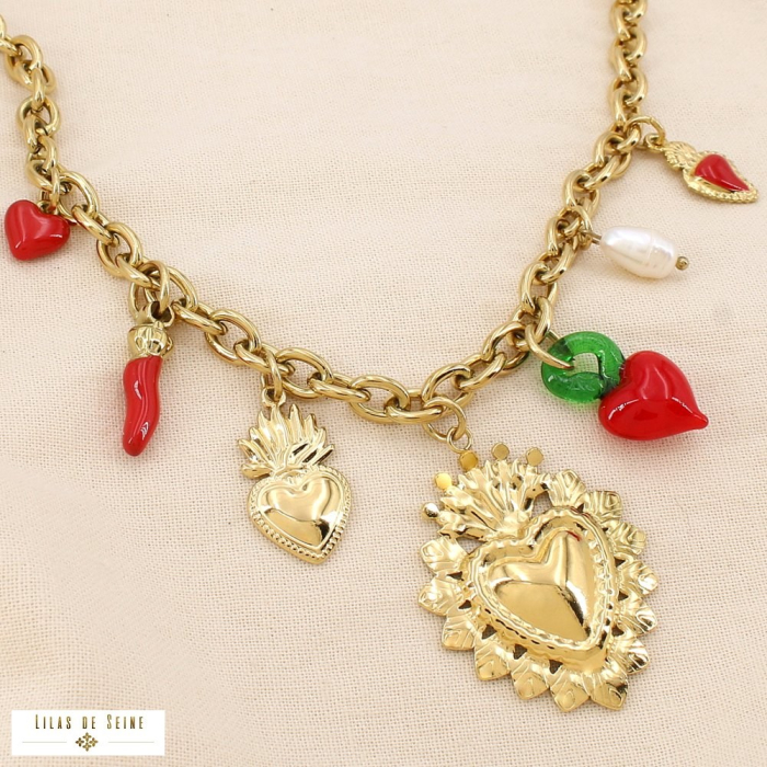 Collier Breloque Ex-Voto Acier Émail Perle Eau Douce 0125108 doré