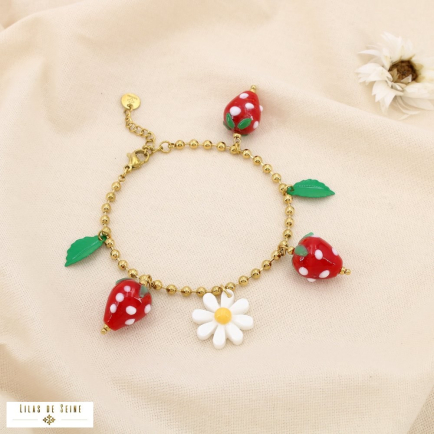 Bracelet acier verre acrylique fraise marguerite 0225197 rouge