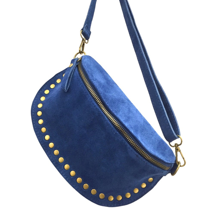 Sac banane cuir véritable daim clous 0924517 bleu