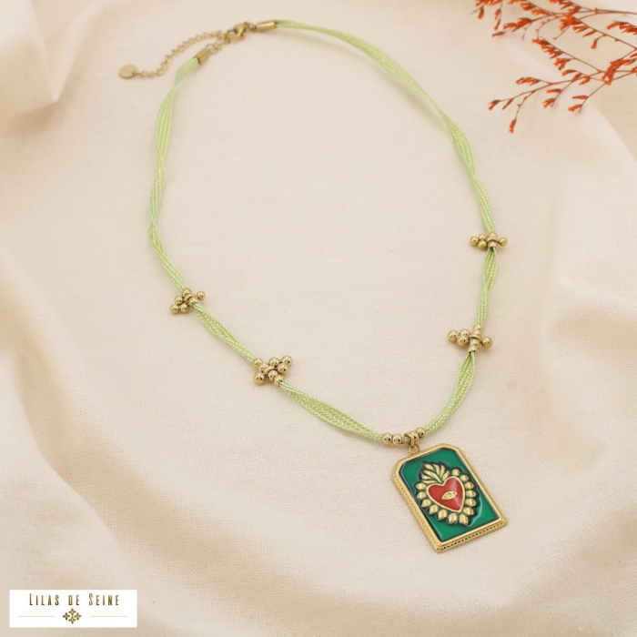 Collier acier cœur ex-voto émaillé cordon tissu 0125156 vert foncé
