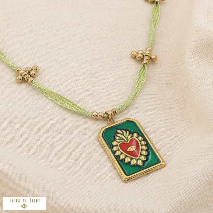Collier acier cœur ex-voto émaillé cordon tissu 0125156 vert foncé