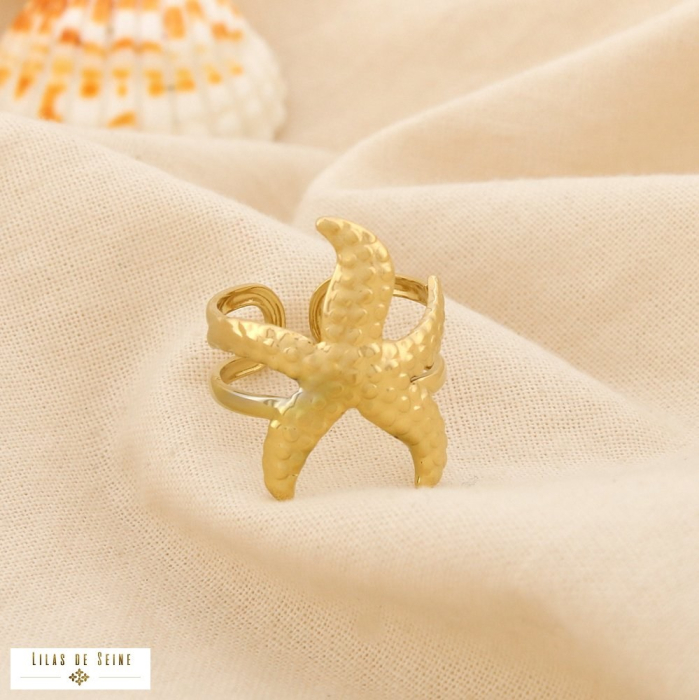 Bague double-anneaux ouverte étoile de mer acier 0425049 doré