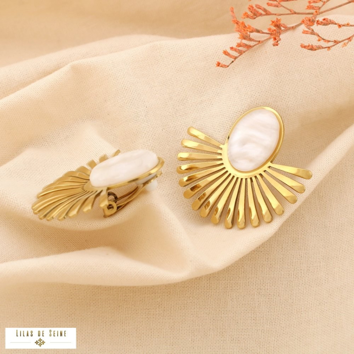 Boucles d'oreilles CLIP acier cabochon marbré résine 0325127 blanc