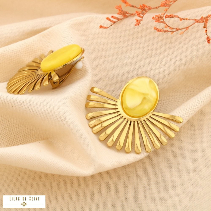 Boucles d'oreilles CLIP acier cabochon marbré résine 0325127 jaune
