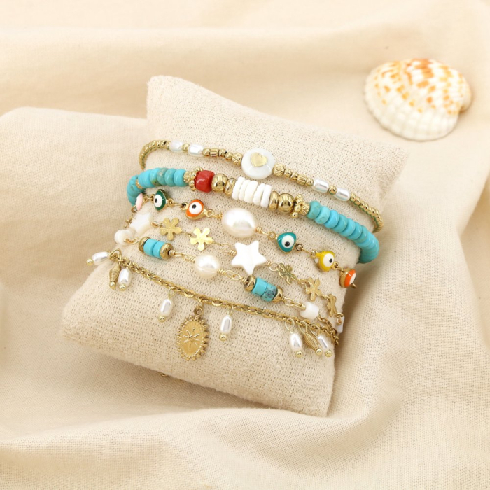 Ensemble 6 bracelets acier cœur œil étoile perle 0225211 bleu turquoise