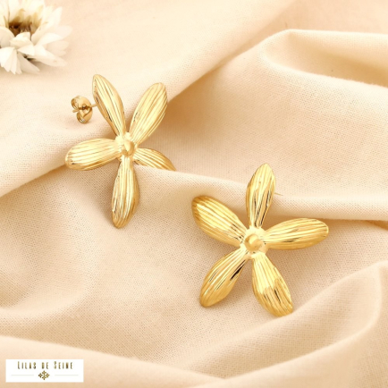 Boucles d’oreilles fleur acier inoxydable strié 0325122 doré