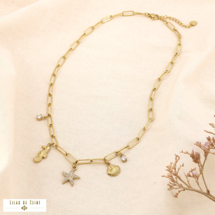 Collier acier marin hippocampe astérie coquillage 0125125 doré