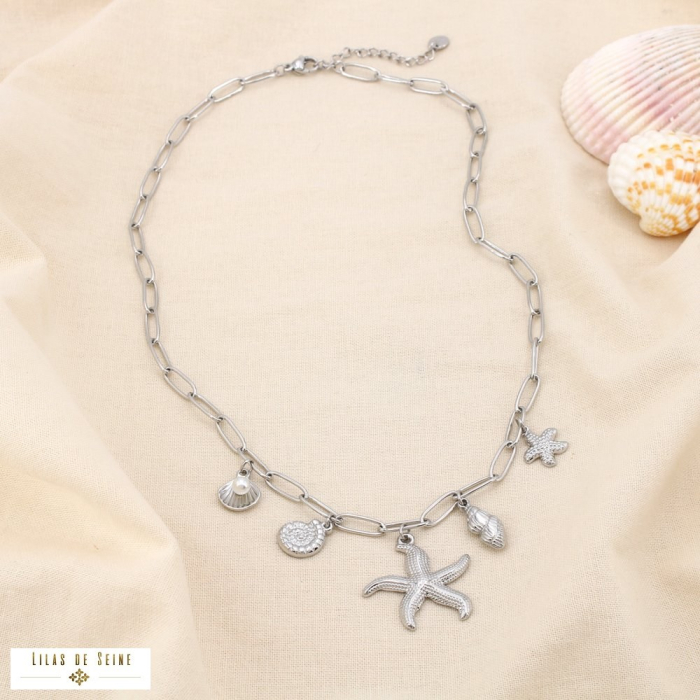 Collier acier marin étoile de mer coquillage perle 0125126 argenté
