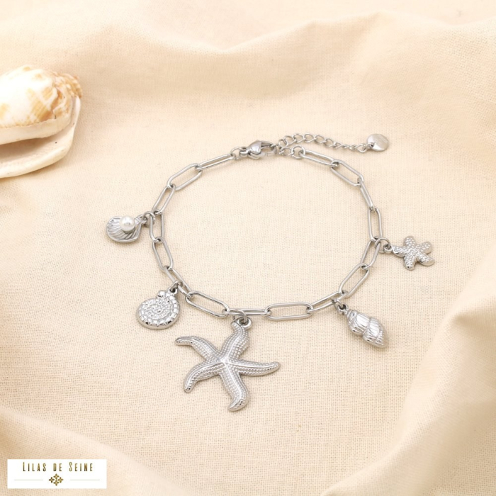 Bracelet acier marin étoile de mer coquillage perle 0225154 argenté