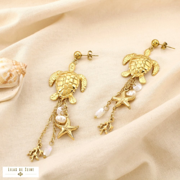Boucles d’oreilles acier marin tortue corail astérie 0325139 doré