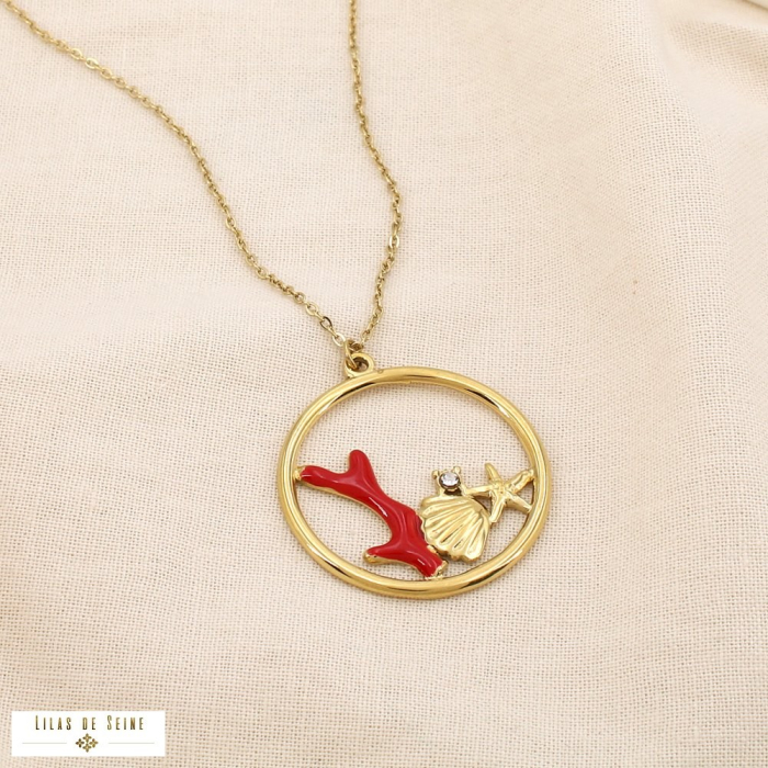 Collier acier coquillage corail astérie strass émail 0125127 rouge