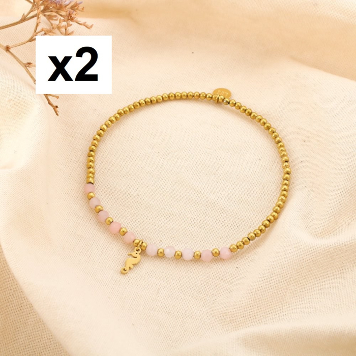 2 Bracelets élastiques fins acier pierre hippocampe 0225194 rose