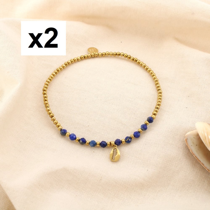 2 Bracelets élastiques acier pierre coquillage cauri 0225196 bleu