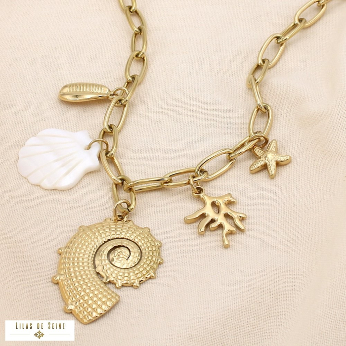 Collier charms acier nacre astérie coquillage corail 0125128 doré