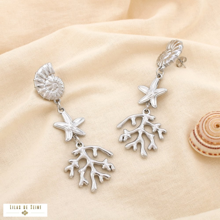 Boucles d’oreilles acier corail spirale astérie 0325093 argenté