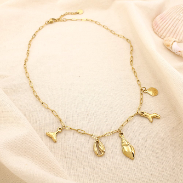 Collier acier coquillage corail queue de baleine 0125136 doré