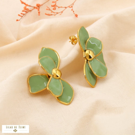 Boucles d’oreilles acier inoxydable fleur émail 0325136 vert