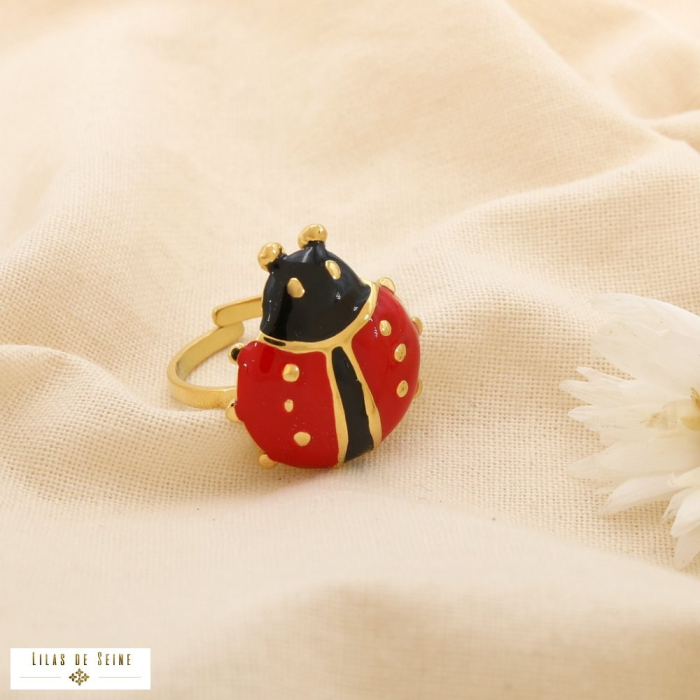 Bague acier inoxydable émail coccinelle ajustable 0425060 rouge