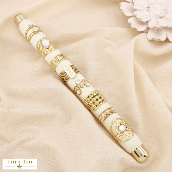 Ensemble 8 bagues acier nacre pierre émail 0425095 blanc