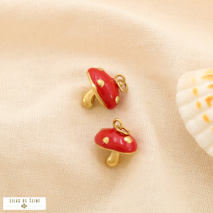 2 pendentifs champignon charm acier inoxydable émail 0625059 rouge