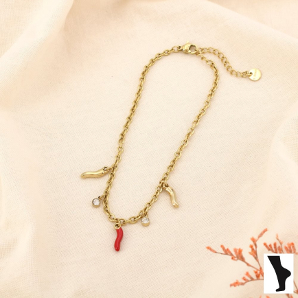 Chaîne de cheville piments acier émail strass 0225159 rouge