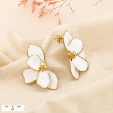 Boucles d’oreilles acier inoxydable fleur émail 0325136 blanc