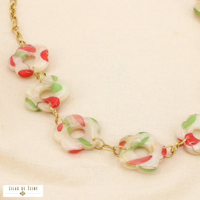 Collier acier inoxydable résine motif fruits rouges 0125145 naturel/beige