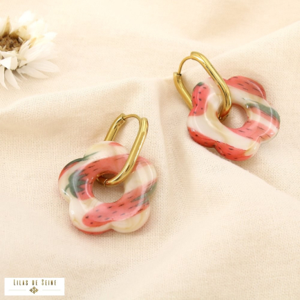 Boucles d'oreilles fleur acier résine fraise cerise 0325137 rouge