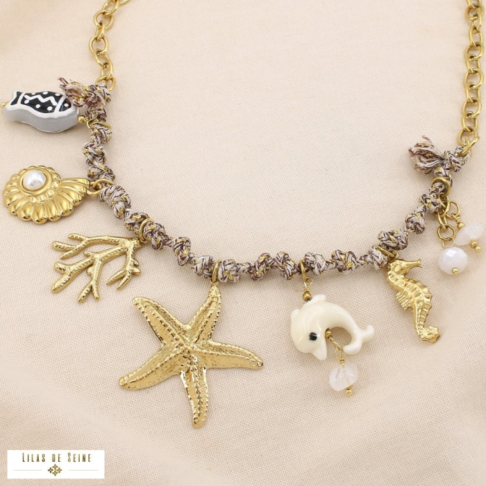Collier acier cordon multicharmes style marin 0125161 naturel/beige