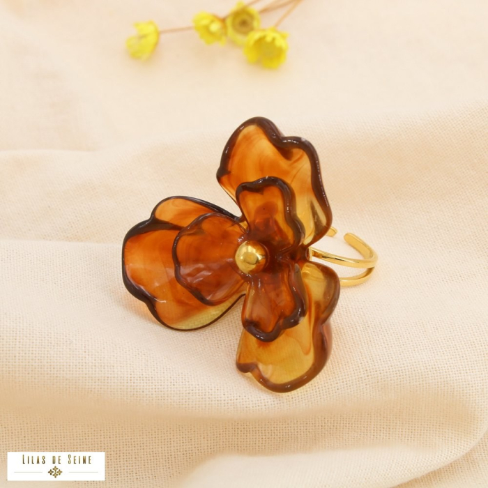 Bague fleur acier inoxydable résine marbrée 0425072 marron