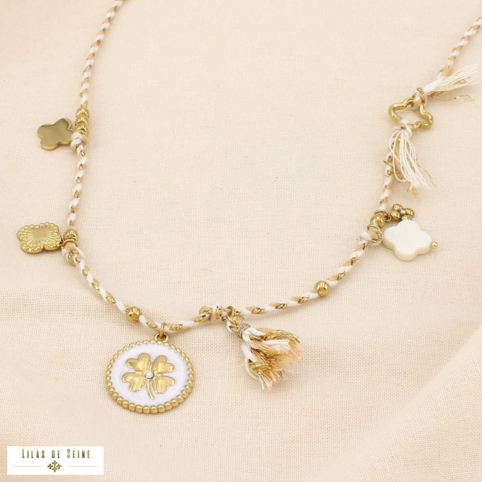 Collier acier cordon breloque trèfle nacre strass 0125165 naturel/beige