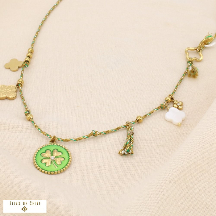 Collier acier cordon breloque trèfle nacre strass 0125165 vert aqua